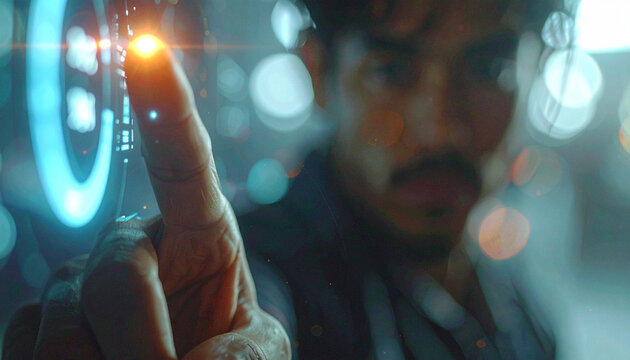 Interactive Digital Interface: A focused individual in a futuristic setting, his fingertip seemingly igniting a digital interface filled with glowing lines and numbers.
