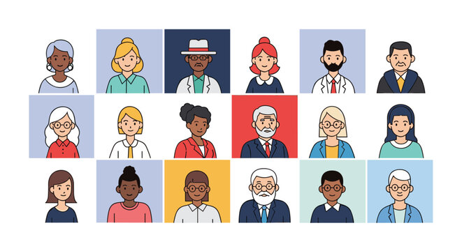 Large set of diverse human avatars featuring men and women of different ages ethnicities and professions in colorful squares.
