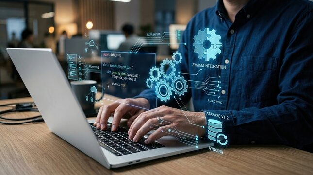 Software Engineer using System Integration on Laptop in Office. Processing data input and cloud sync with database operations, and Technology Integration concept.