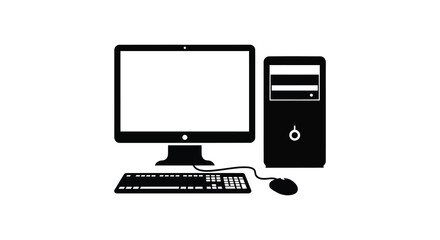 Fototapeta premium Computer with monitor keyboard and mouse black silhouette on a white background silhouette high quality professional detailed modern elegant