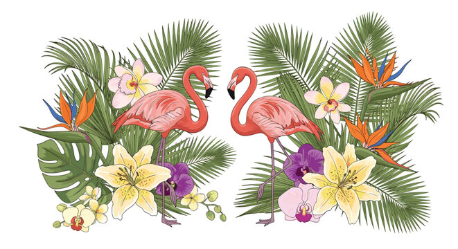Pair of elegant pink flamingos stand gracefully surrounded by a vibrant arrangement of tropical flowers and lush palm leaves.