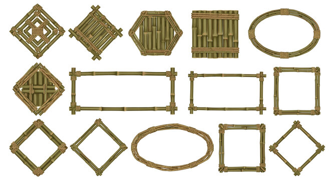 Assorted bamboo frames in various shapes including squares, rectangles, and ovals tied together with rustic rope for organic decor.