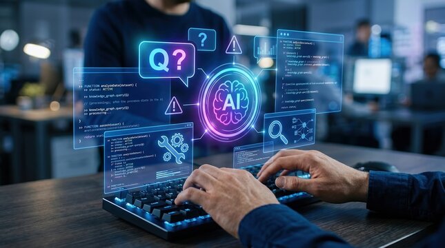 Software Engineer using AI development interface on laptop in office workspace. Writing Python code, interacting with AI brain graphics and stylus touchpad interaction, and AI integration concept.
