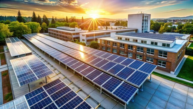 A photo of an American school campus with a rooftop covered in photovoltaic solar panels, generating clean electrical energy