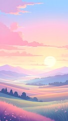 Obraz premium A serene digital landscape at sunset with rolling hills