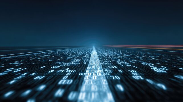 Abstract digital road of binary code glows against dark horizon