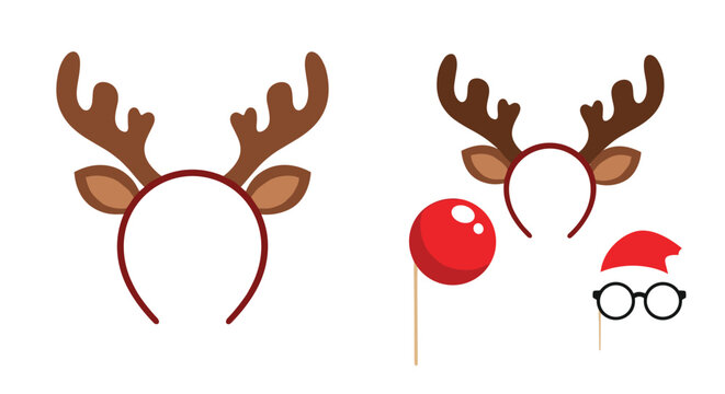 Festive reindeer antler headbands and Christmas photo booth props including a red nose, Santa hat, and glasses on a white background.