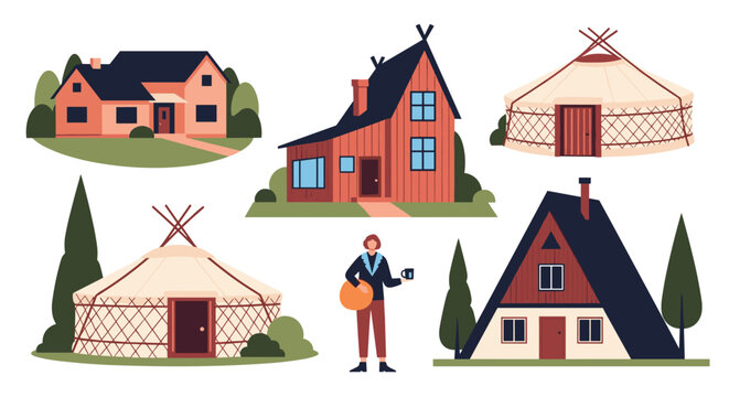 Set of diverse architectural dwelling styles including modern suburban homes, traditional cabins, tipis, and yurts with a person.