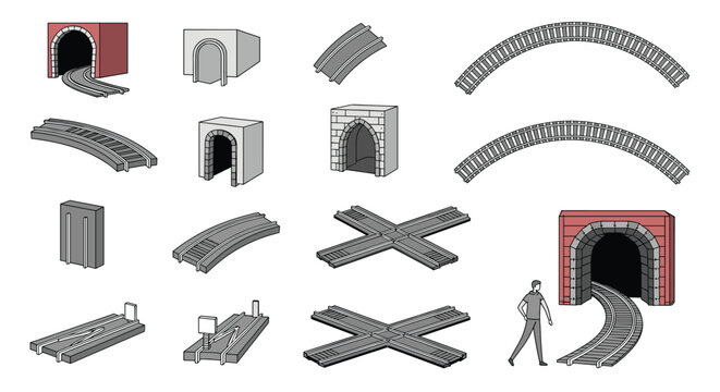 Selection of toy train set components including tracks, arched tunnels, bridges, and junctions in a grey and red color palette.