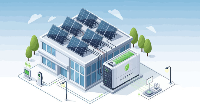 Sustainable energy solution for a contemporary building, highlighting rooftop solar panels, efficient battery storage, and electric vehicle charging points