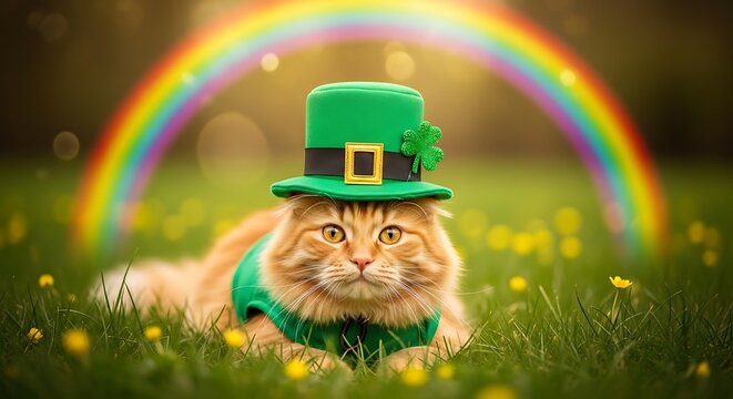 St. Patrick's Day ginger cat wearing green leprechaun hat, festive orange tabby cat in clover field, magical rainbow over pet in spring grass