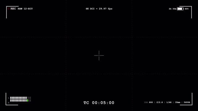 Camera Viewfinder HUD Interface with 4K Sensor Metadata Timecode and Audio Frequency Bars Overlay