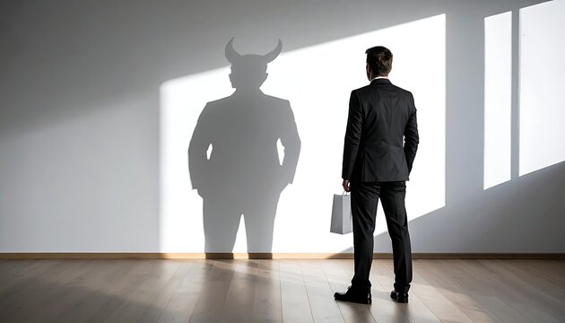 A suited man gazes at his devilish shadow