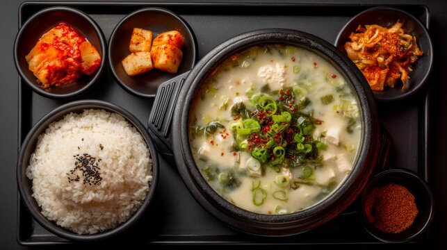 Delicious Korean Soup with Tofu, Green Onion, Rice, Kimchi, and Side Dishes on Black Plate, Perfect for Comfort Food Lovers