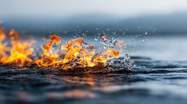 Fiery flames dance and crackle above cool, dark water