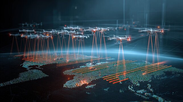 Swarm of drones scanning a digitally rendered global map
