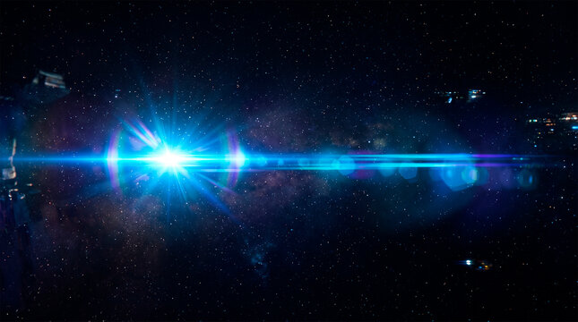 A celestial blue light in the vast, dark expanse of space, surrounded by celestial bodies