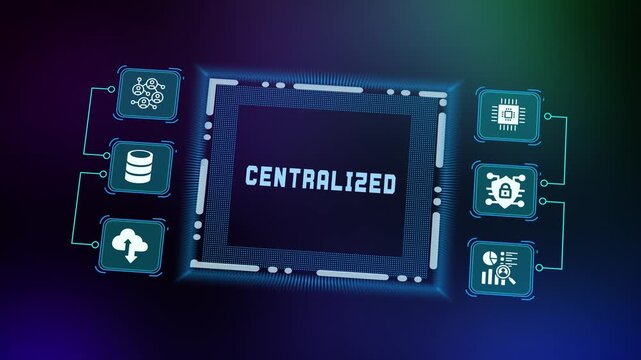 Technological infrastructure conceptual graphic visualizing consolidated data flow to a powerful core with glowing CENTRALIZED text and connections