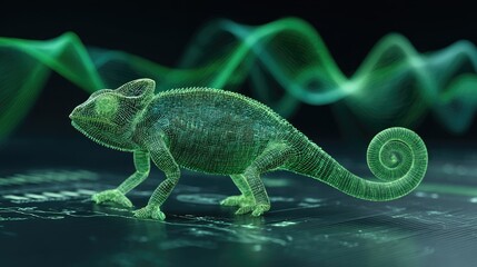 Fototapeta premium Glowing digital chameleon on a dark, tech-themed background