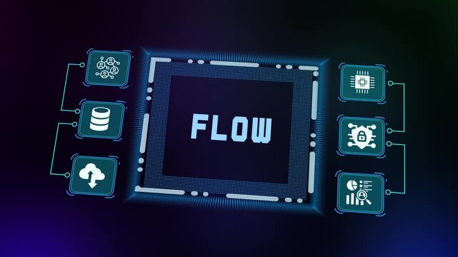 Digital data flow conceptual graphic featuring connected icons and a central processor unit with glowing FLOW text and active streaming data lines