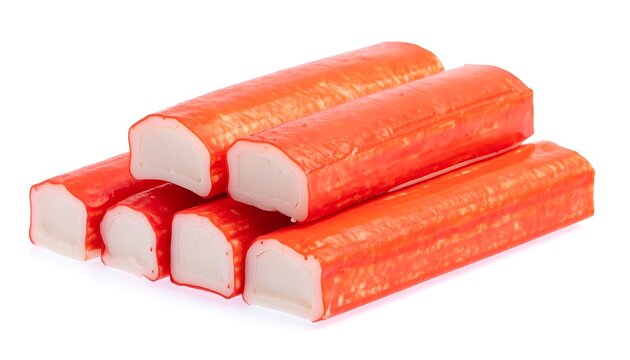A stack of imitation crab meat sticks on a white background