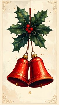A festive illustration of red bells and holly on a beige background