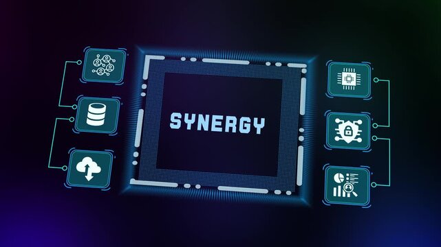 Conceptual technological ecosystem visualizing collaboration of multiple systems and powerful core with glowing SYNERGY text in dark digital space