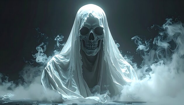 A ghostly figure with a skull face