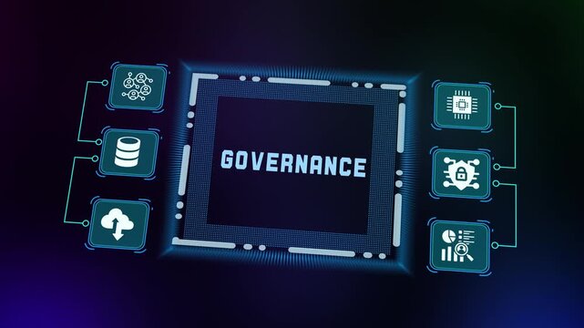 Digital data governance concept visual showing "GOVERNANCE" on a central chip, orchestrating rules for connected cloud, network, and security data icons.