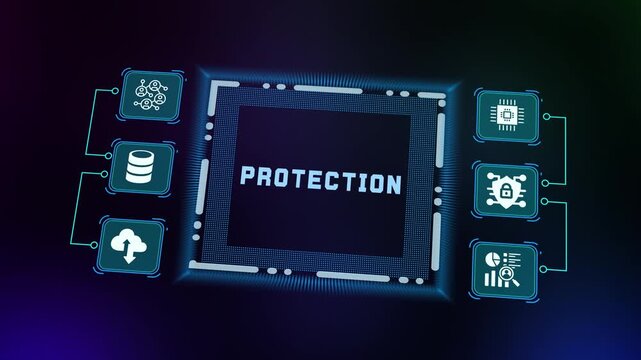Cybersecurity concept video visualizing "PROTECTION" in a secure digital hub, surrounded by firewalls, data, cloud, and padlock icons.