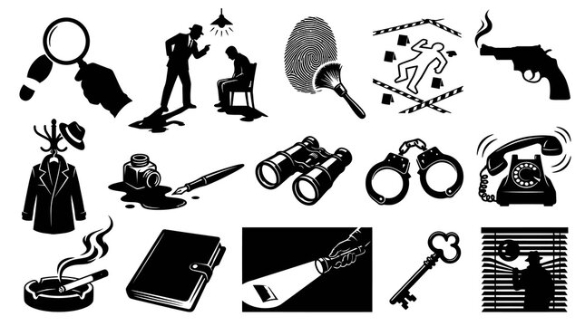 Detective Investigation Symbols: Magnifying Glass, Gun, Handcuffs, Crime Scene - Black  White Icons