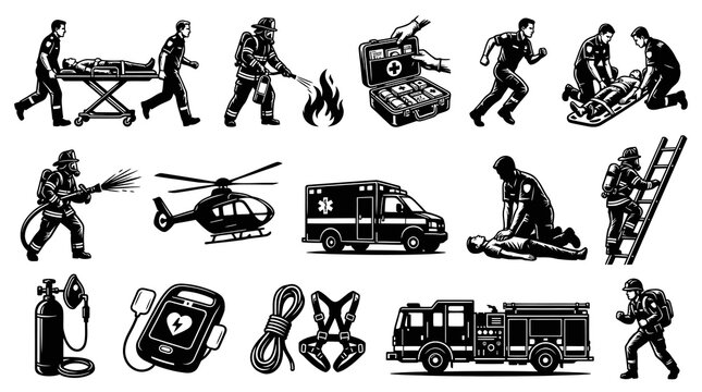 Emergency Services First Responders and Equipment Black and White Silhouette Vector Set