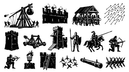 Fototapeta premium Medieval Siege Weapons and Warfare Black and White Vector Art