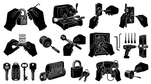 Locksmith Tools and Services - Black and White Vector Icons