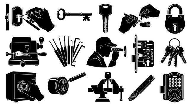 Locksmith Tools and Security Icons - Black and White Vector Art