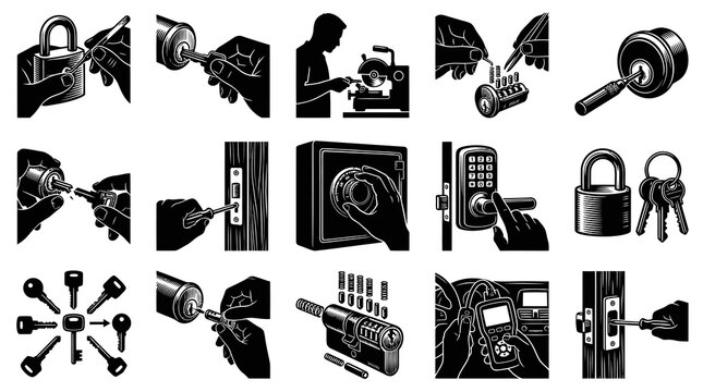 Locksmith Services Icons Set: Tools, Locks, Keys, Security Vector Art