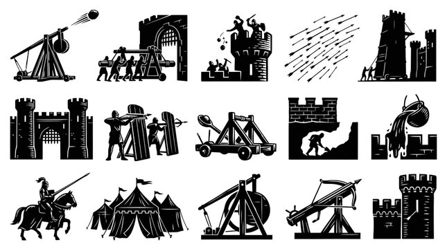 Medieval Warfare Castle Siege Equipment and Weapons Black and White Vector Art