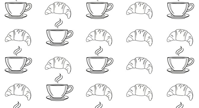 Seamless pattern of coffee cups and croissants