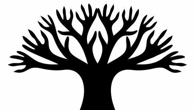 Abstract black silhouette of a stylized tree with branches artfully shaped like human hands reaching outwards against a clean white background symbolizing connection growth