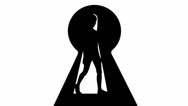 Silhouette of a person stepping through a large keyhole shape symbolizing transition new beginnings opportunity and entering a new phase or perspective in life with a clean modern