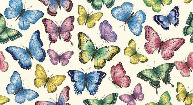 Seamless pattern with colorful hand drawn butterflies on a light cream background.