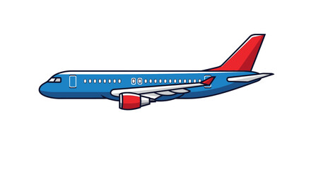 Fototapeta premium Stylized illustration of a blue and red commercial airplane in flight isolated on white background