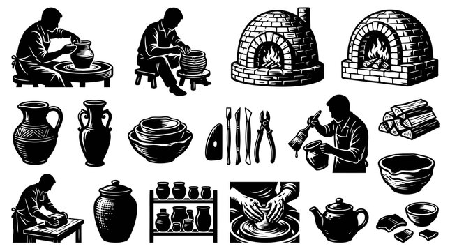 Black and White Line Art of Pottery Making and Kilns