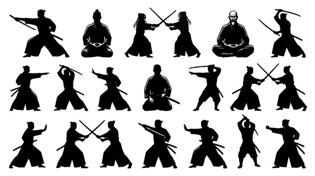 Dynamic Japanese Martial Arts Silhouette Vector Set with Samurai and Meditation Poses