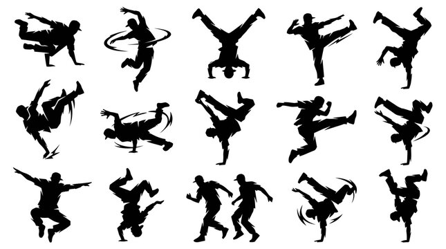 Breakdancing Silhouette Set - Dynamic Bboy Poses, Hip Hop Dance Art