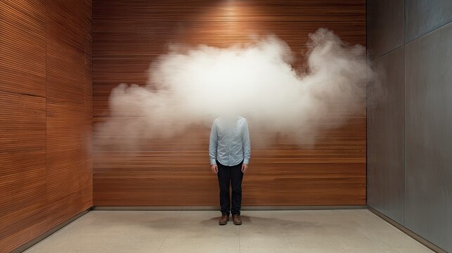 A person stands in front of a wooden wall with a cloud of smoke obscuring their head