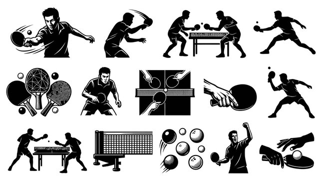 Black and White Ping Pong Icons: Table Tennis Player, Rackets, Balls, Net