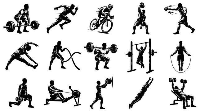Fitness Workout Sports Exercise Icons Set - Black and White Vector Silhouettes