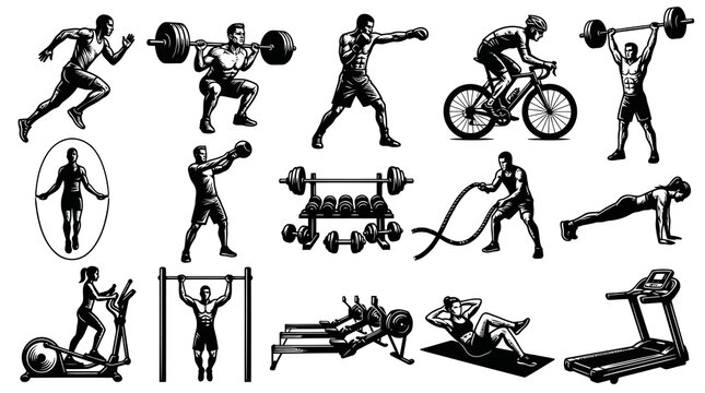 Black  White Line Art Vector: Fitness Workout Gym Exercises  Active People Icons Set