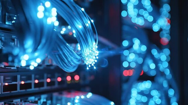 High-speed data transmission with glowing fiber optic cables connected to server racks in a dark data center, ideal for cloud computing and network infrastructure concepts.